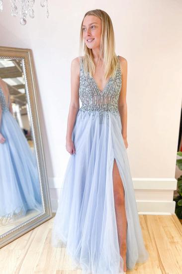 Tulle backless side slit beaded ruffle evening dress｜A-line deep V-neck floor-length ball gown