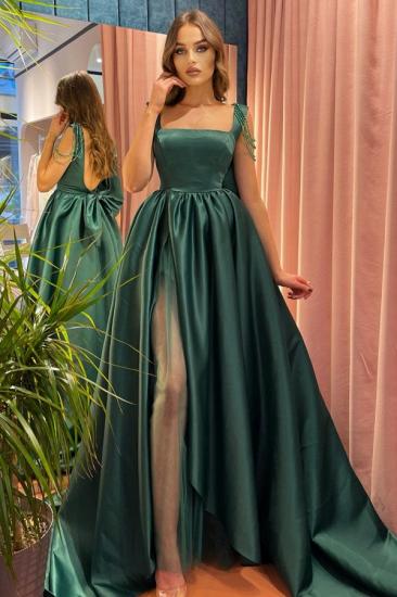 Dark Green Cheap Square Neck A-Line Slit Evening Gown | Wide Strap Prom Dress_2