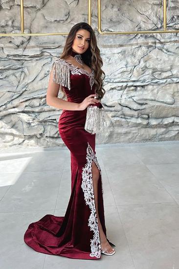 Velvet Burgundy Lace Long Shoulder Strap Tasse l Evening Gown_2