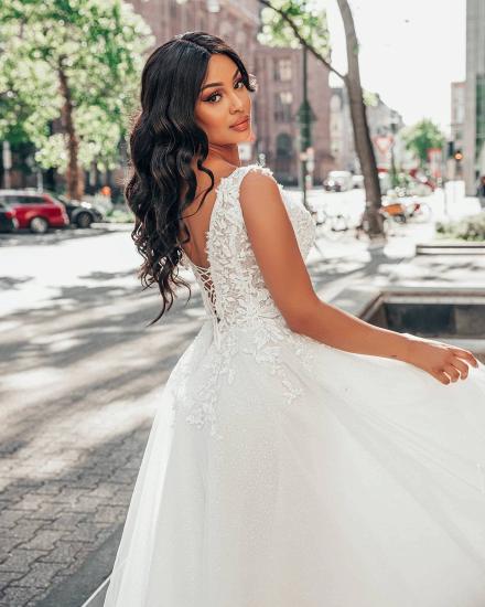 Simple V-neck and floor-length sleeveless ruffle wedding dress | A-line lace wedding dress_3