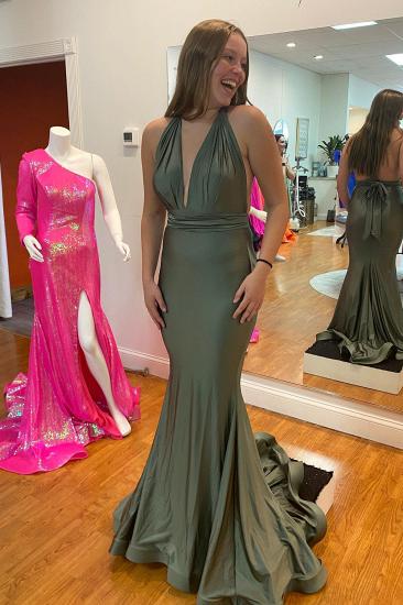 Wide Strap Halter Neck Floor Ruffle Mermaid Ball Gown | Sexy Deep V Neck Ball Gown_4