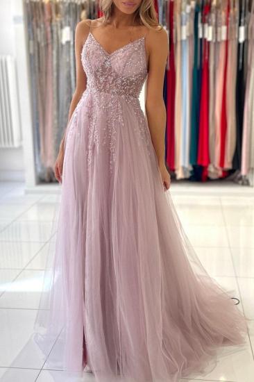 Pink Spaghetti Strap V-neck Tulle Long Slit Evening Dress With Beading_4