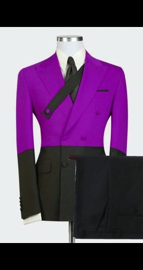 Men's Fashion Double Breasted Peak Collar Suit | Purple and Black Colorblock Men's Prom Suit