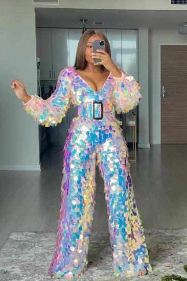 Sparkly Sequined Long-sleeved V-neck Jumpsuit For Women