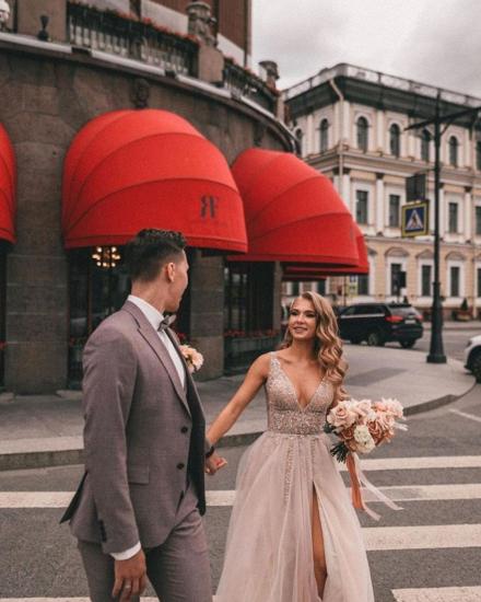 Bohemian Side Slit Long V Neck Tulle Wedding Dress | High Waist Lace Wedding Dress_3