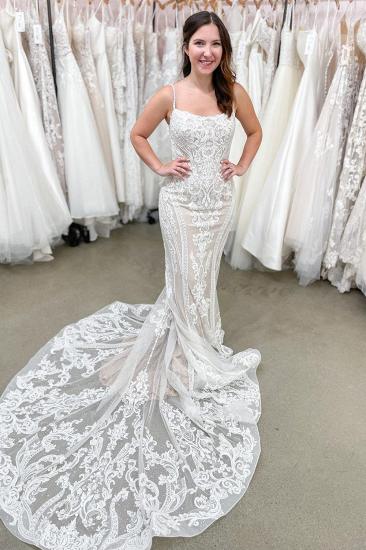 Long Square Neck Mermaid Spaghetti Strap Backless Appliquéd Lace Floor-length Wedding Dress