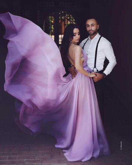 Purple A-line Shoulder-length Chiffon Ball Gown With Pleats_3