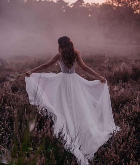 Bohemian style V-neck sleeveless tulle wedding dress | simple spaghetti strap wedding dress_2