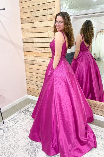 A-Line Spaghetti Strap Backless Floor-length Ruffled Sequined Ball Gown | Pocket Ball Gown