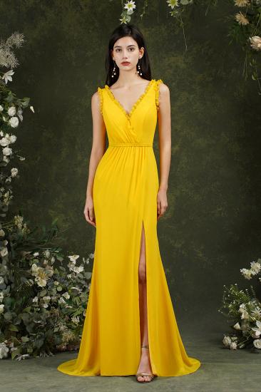 Simple Chiffon V-neck Yellow Front Slit Bridesmaid Dress