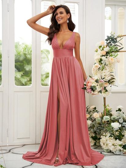 Cheap Gold Long V-Neck A-line Bridesmaid Dresses_35
