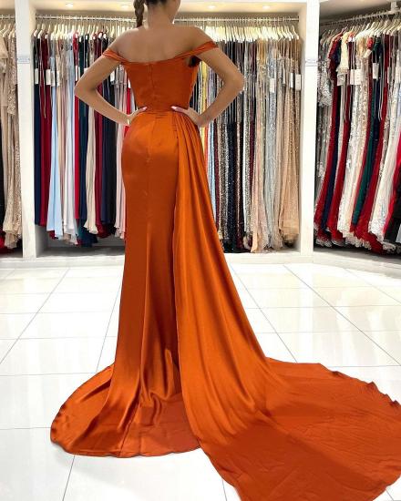 Simple one-shoulder front slit off-the-shoulder evening dress | Orange ball dress_2