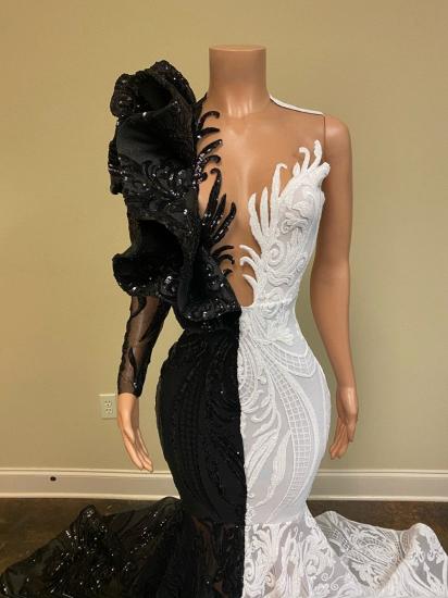 Chic two-tone V-neck one-shoulder long-sleeved mermaid ball gown_3
