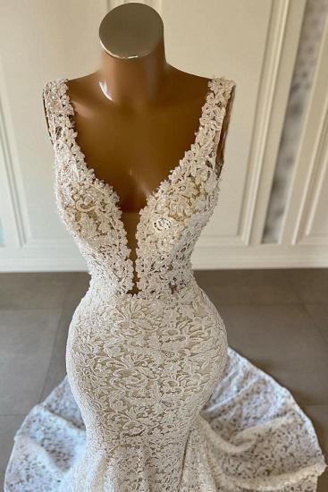 Lace Court Train V-Neck Mermaid Sexy Wedding Dress_2