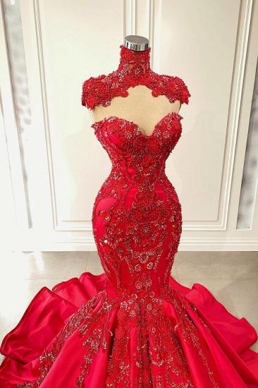 Elegant Long Red Turtleneck Lace Mermaid Evening Gown | Cap Sleeve Lace Ball Gown_2