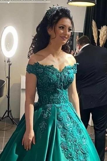 Affordable One Shoulder Floor Length Evening Gown with Flowers | Long Emerald Green Ball Gown_1