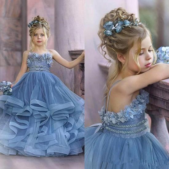 Strapless Gray-blue Frilly Fluffy Princess Flower Girl Dress_5