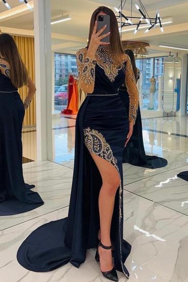 Navy Sequin Long Evening Gown with Side Slits | Ball Gown with Sleeves_2