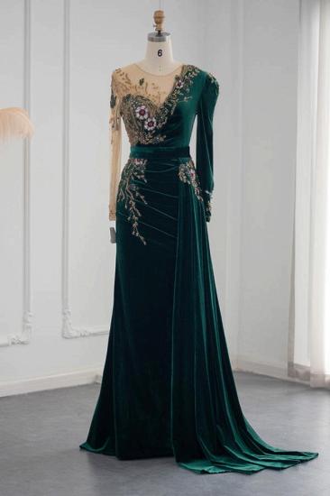 Dark Green Long Sleeve Jewel Appliqu茅d Mermaid Evening Gown Prom Dress