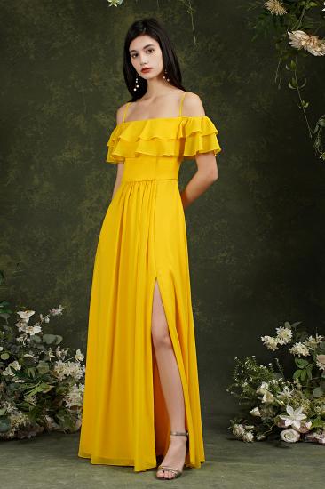 Bridesmaid Dress Yellow Off-shoulder Flanged One Line Shoulder Slit Dress_8
