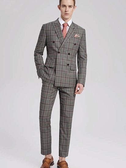 Cheap Pink Check Double Breasted Men Gray Business Suit