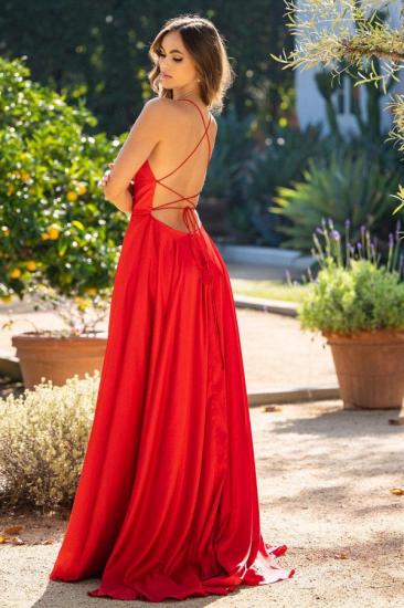 Red Simple Front Slit Spaghetti Strap Square Neck Evening Gown | Thin Shoulder Strap A-Line Prom Dress_2