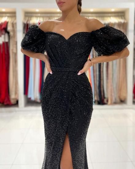 Black Long Sleeve Split Evening Gown with Sequins | Mermaid Ball Gown_3