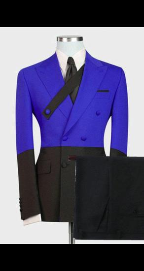 Men's Fashion Double Breasted Peak Collar Suit | Blue and Black Colorblock Men's Prom Suit