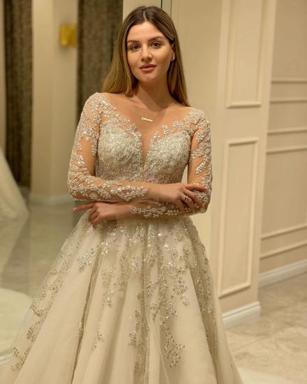 Designer lace V-neck long-sleeved wedding dress | A-line long-sleeved wedding dress with tail_5