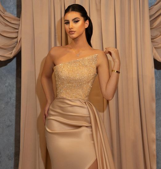 Cheap Champagne Slit Mermaid Long Evening Gown | Glitter Ball Dress_2