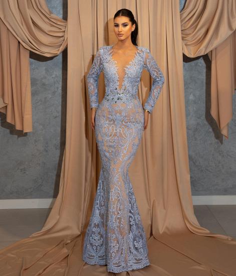 Luxurious Blue V-Neck Long Sleeve Lace Evening Gown | Homecoming Dress with Lace Sleeves_3