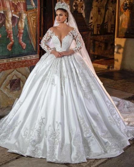 A-line White Satin Lace Wedding Dress With Sleeves_2