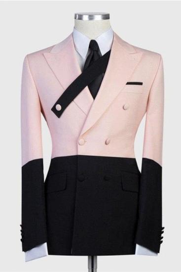 Men's Fashion Double Breasted Peak Collar Suit | Pink and Black Colorblock Men's Prom Suit
