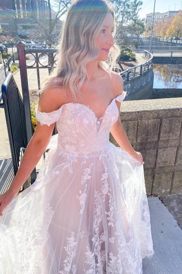 A-Line Lace Backless Off-Shoulders Sweetheart Tulle Wedding Dress