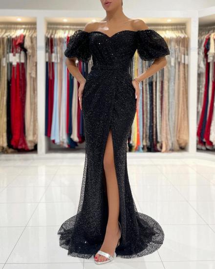 Black Long Sleeve Split Evening Gown with Sequins | Mermaid Ball Gown_5