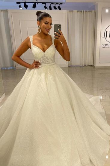 Designer A-Line Wide Strap Lace Trailing Wedding Dress_2