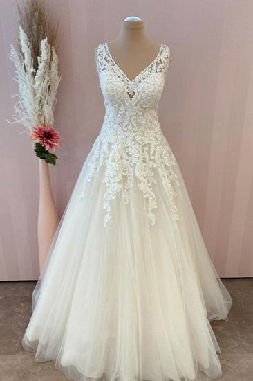 Simple V-neck tulle wedding dress with wide shoulder straps | A-line lace wedding dress