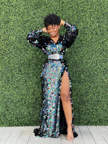 Sexy sequins high split long-sleeved party gown | sparkle ball gown_6