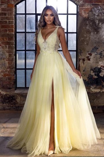 Cheap yellow tulle ball gown with long V-neck | A-line slit evening dress