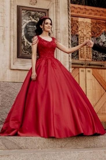Red A-line Cap Sleeve Floor Lace Wedding Dress with Beads
