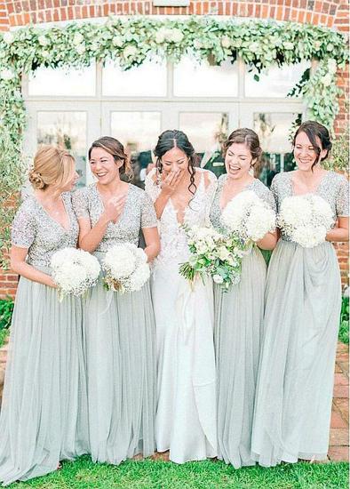 Simple Tulle V-neck Short Sleeves A-line Bridesmaid Dress With Beadings