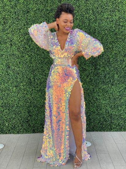 Sexy Sparkling Sequins Side Split Ball Gown | Long Sleeve Evening Dress_4