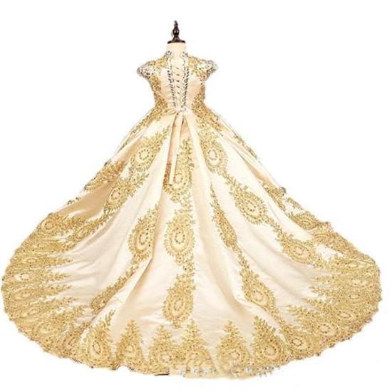 Luxury Gold Ball Train Little Girl Beauty Pageant Dress_3