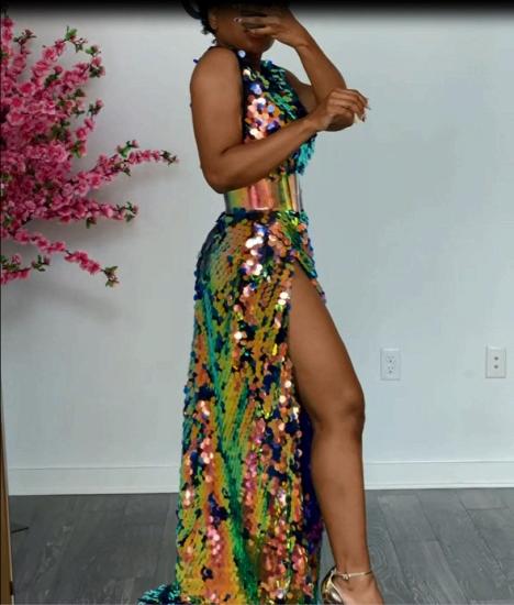 Shiny Sleeveless V-neck Side Slit Formal Party Dress_7