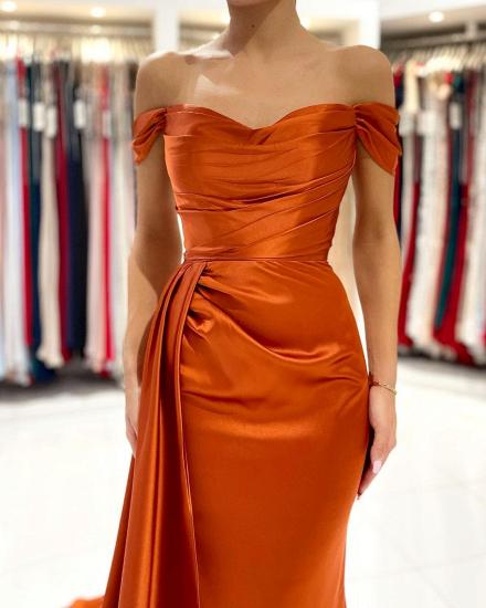 Simple one-shoulder front slit off-the-shoulder evening dress | Orange ball dress_6