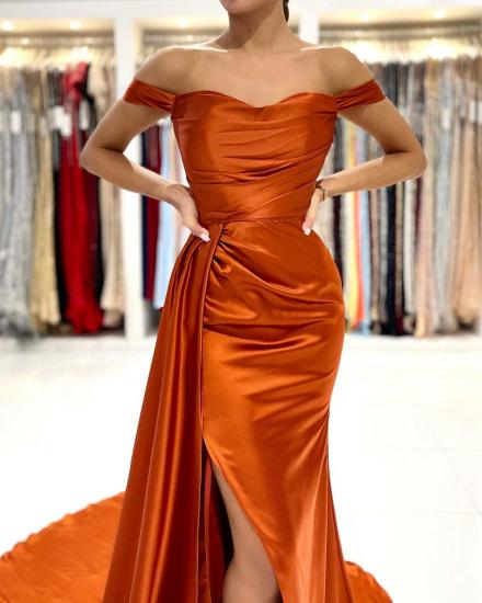 Simple one-shoulder front slit off-the-shoulder evening dress | Orange ball dress_5