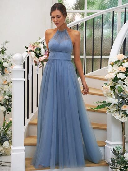 Designer Long Halter Sleeveless Evening Dresses Blue | Tulle Prom Dresses Cheap