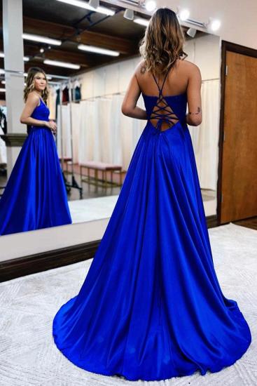 Royal Blue Spaghetti Strap A Line V Neck Side Slit Prom Dress Evening Gown_2