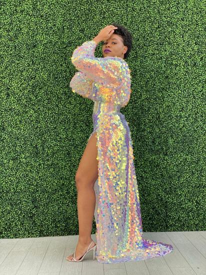 Sexy Sparkling Sequins Side Split Ball Gown | Long Sleeve Evening Dress_6