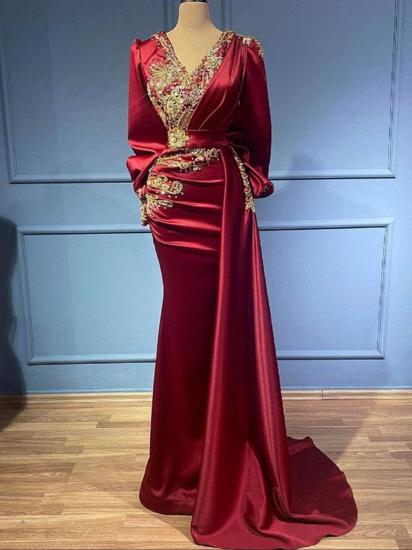 Modern V-Neck Red Long Sleeve Evening Gown | Crystal Ball Gown_2